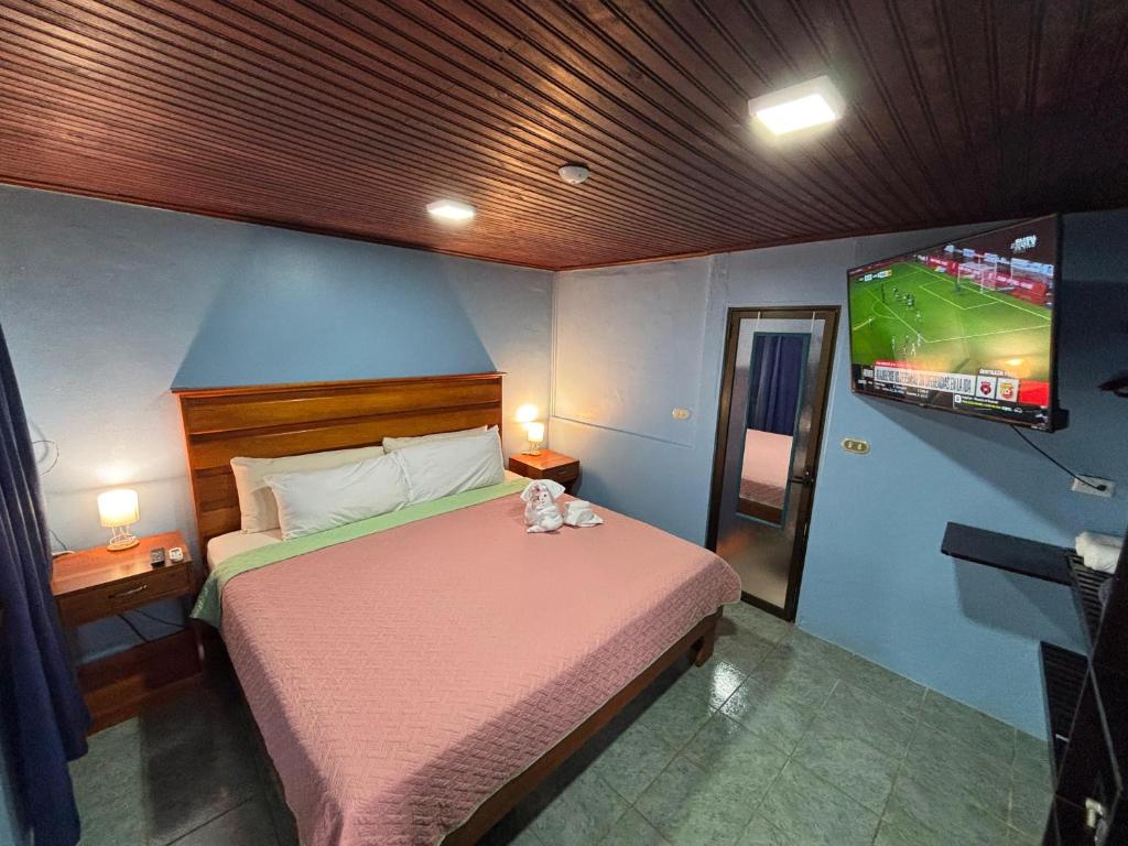 a bedroom with a bed and a flat screen tv at Pura Vida Aparment - Downtown La Fortuna in Fortuna