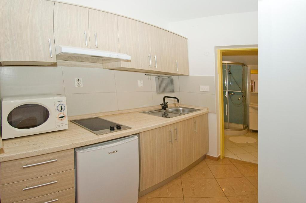 a kitchen with a sink and a microwave at Apartments Tomato 1 in Novigrad Istria