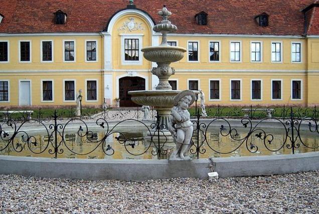 une statue en face d'un bâtiment avec une fontaine dans l'établissement Pałac Brody, à Brody