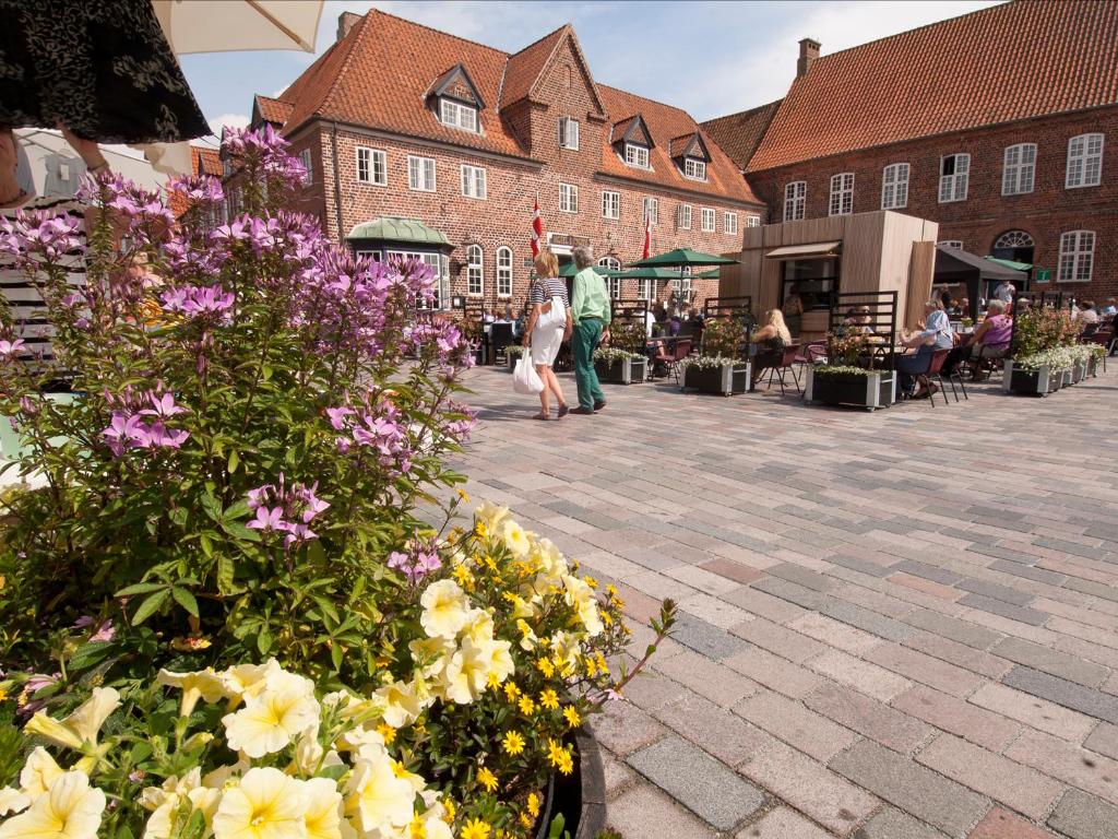 eine Gruppe von Blumen vor einem Gebäude in der Unterkunft Hotel Dagmar in Ribe