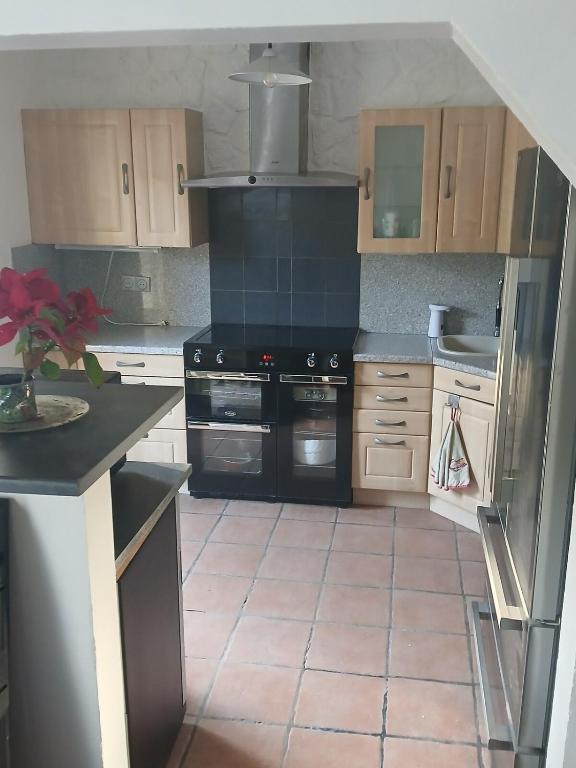 Il comprend une cuisine équipée d'appareils noirs et du carrelage. dans l'établissement Maison en Provence, à Istres