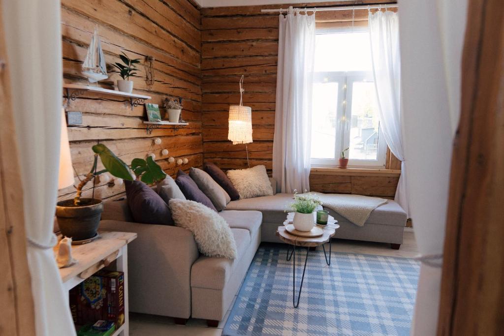 パルヌにあるCozy summer nest in the city center by the riverの木製の壁のリビングルーム(ソファ付)