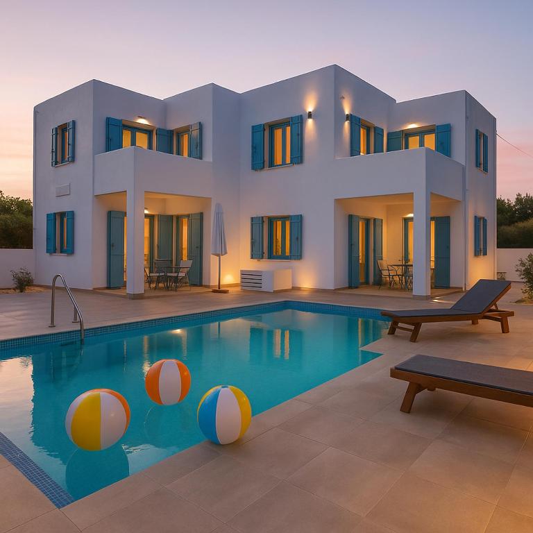 a villa with a swimming pool in front of a house at Ippocampos Seaside Serenity - Unwind at Paros Poolside Retreats in Aliki