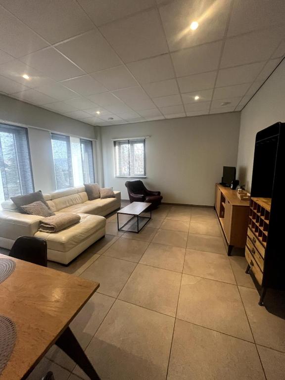 Una sala de estar con un sofá y un televisor. en Modern apartment, en Maaseik