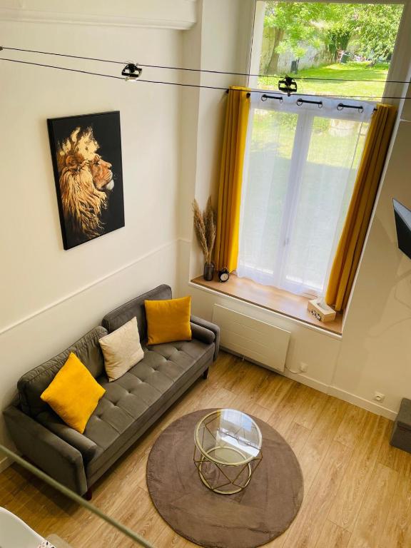 un salon avec un canapé et une fenêtre dans l'établissement Appartement Rozay en brie, à Rozay-en-Brie