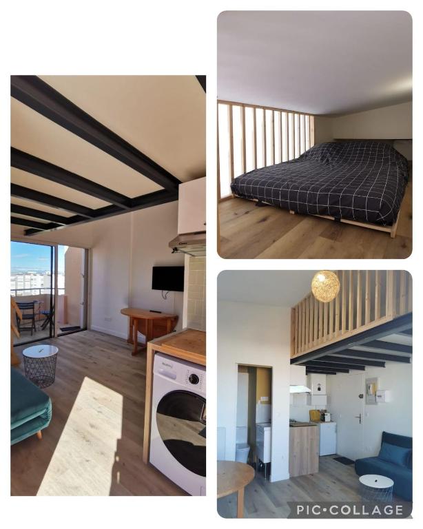 - deux photos d'une chambre avec un lit et une cuisine dans l'établissement Horizon Marin, à Sète