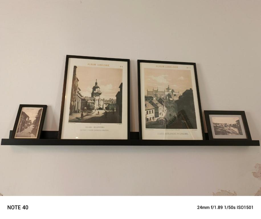 a shelf with four pictures on a wall at Apartament Centrum Lublin in Lublin
