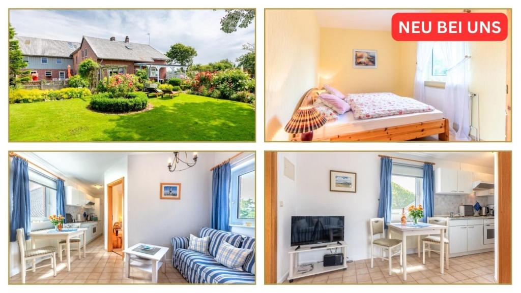 a collage of pictures of a bedroom and a living room at Ferienhof Bruhn "Nr 3" in Midlum