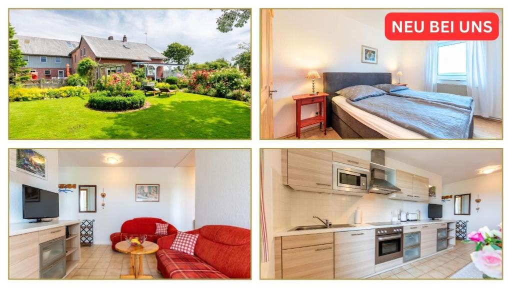 a collage of four pictures of a hotel room at Ferienhof Bruhn "Nr 2" in Midlum