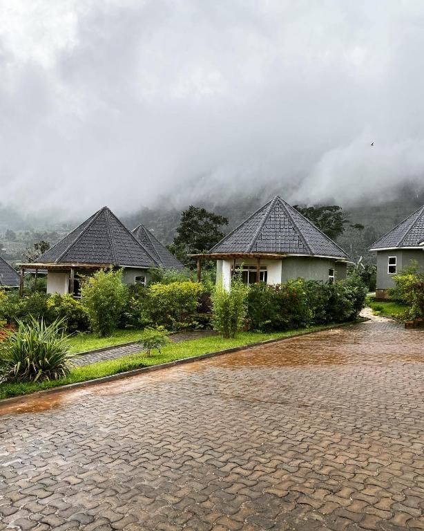 eine regennasse Straße mit Häusern im Hintergrund in der Unterkunft Rafiki Safari Lodge Bwindi in Kinkizi