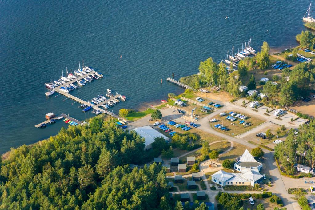 an aerial view of a marina with a bunch of boats at Hafencamp Senftenberger See in Senftenberg