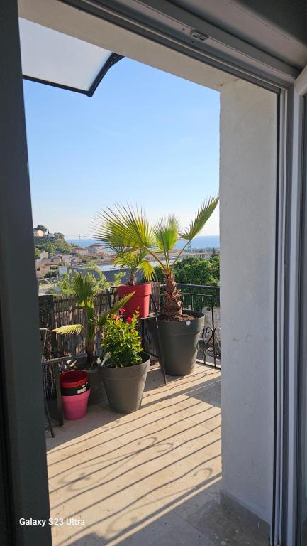 an open door to a balcony with potted plants at Le soleil de l'estaque in Marseille
