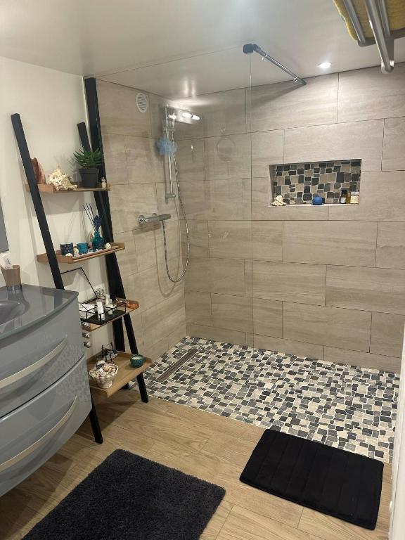 une salle de bain avec une douche avec une porte vitrée dans l'établissement Maison Changrila, à Chennevières-sur-Marne