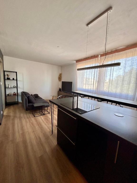 - une cuisine avec une grande île dans le salon dans l'établissement T2 cosy avec parking, à Dieppe