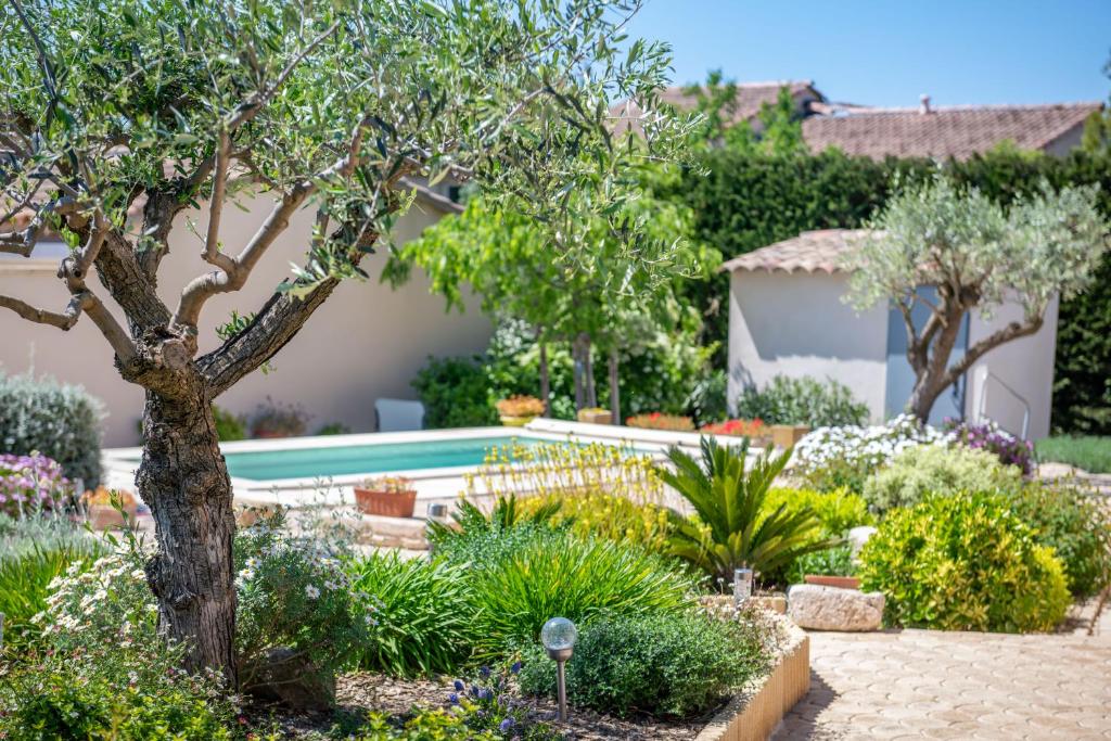 un jardin avec une piscine, des arbres et des plantes dans l'établissement Belle maison jardin piscine près Avignon, à Villeneuve-lès-Avignon