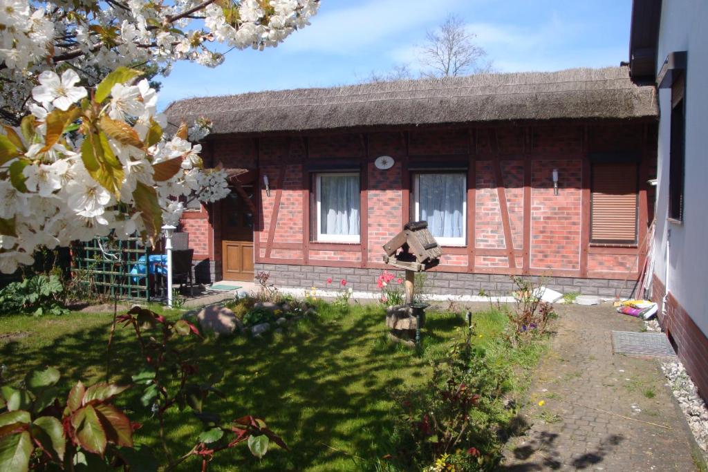 a small brick house with a thatch roof at Ferienquartier T5 Bahnhofstraße 6 in Trassenheide