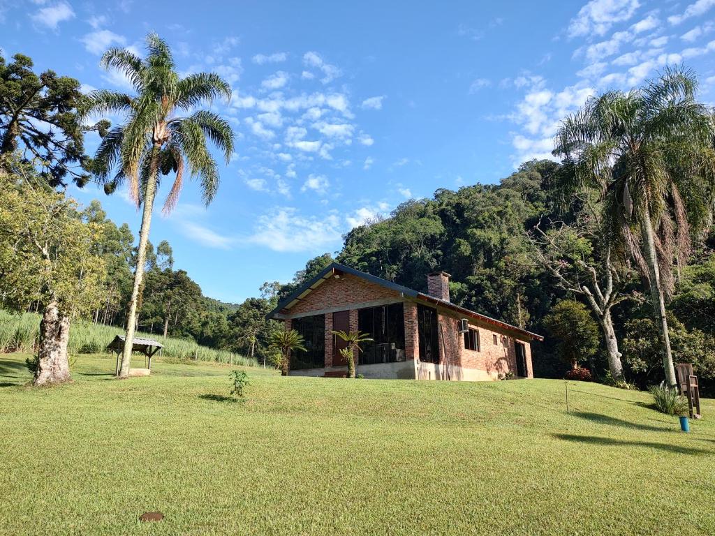 a house in a field with a palm tree at Refúgio da Família Koch - casa de campo in Sinimbu