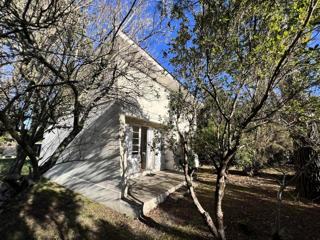 une maison blanche avec des arbres devant dans l'établissement Résidence 117-montalivet - 117 - Maison avec joli jardin proche du centre de Montalivet MAE-7101, à Vendays-Montalivet