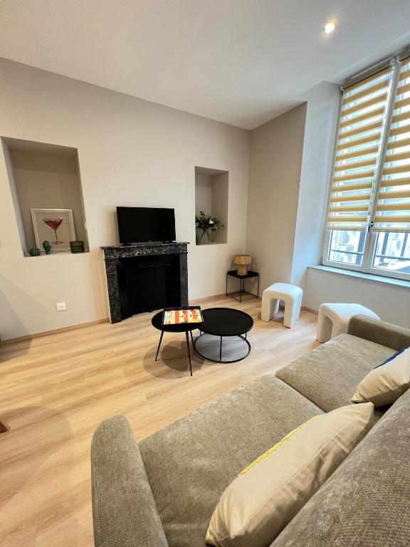 un salon avec un canapé et une cheminée dans l'établissement Appartement Saint-Louis, à Verdun-sur-Meuse