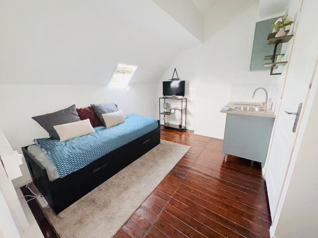 Il comprend une chambre avec un lit et une cuisine avec un évier. dans l'établissement Pétale de Liévin, à Liévin