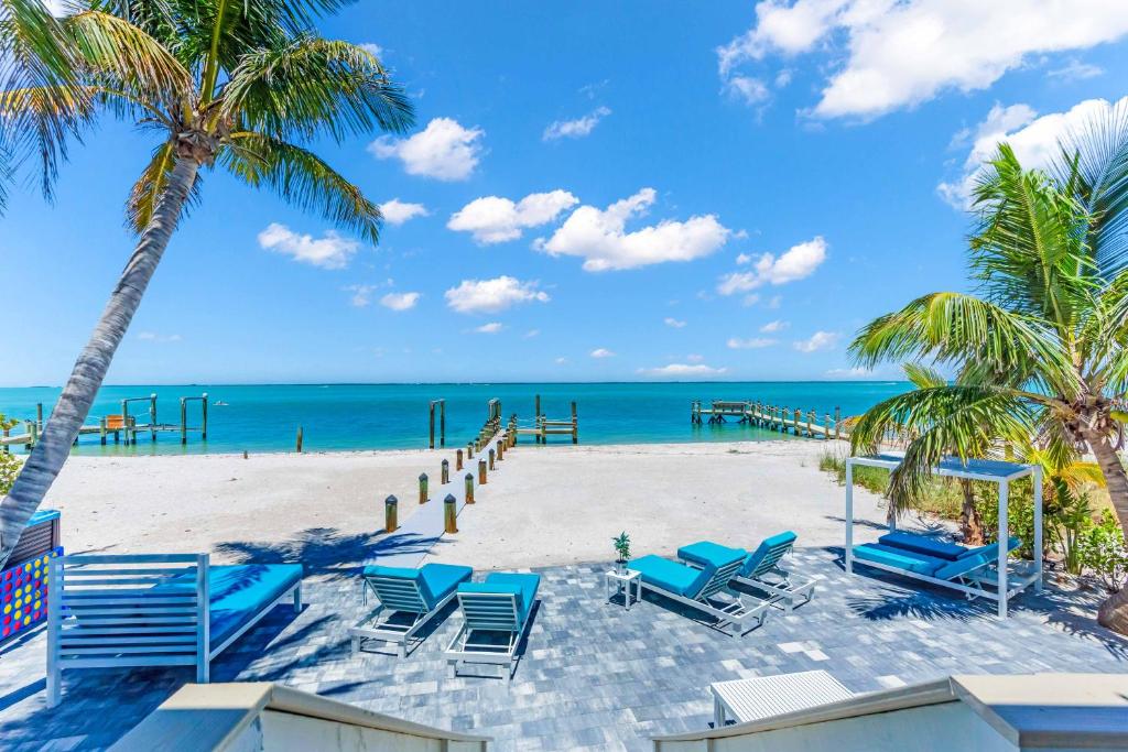 Una playa con sillas y palmeras y el océano. en BeachFront Luxury island Home, en Captiva