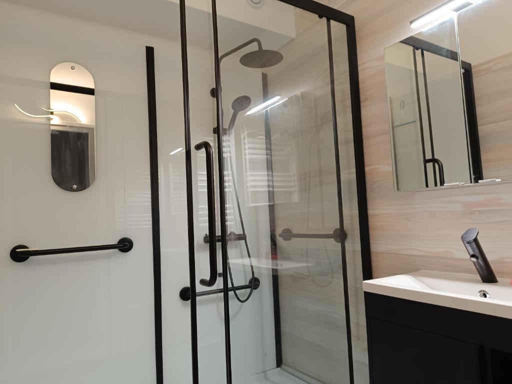 une salle de bain avec une douche en verre et un lavabo dans l'établissement Dax belle vue, à Dax