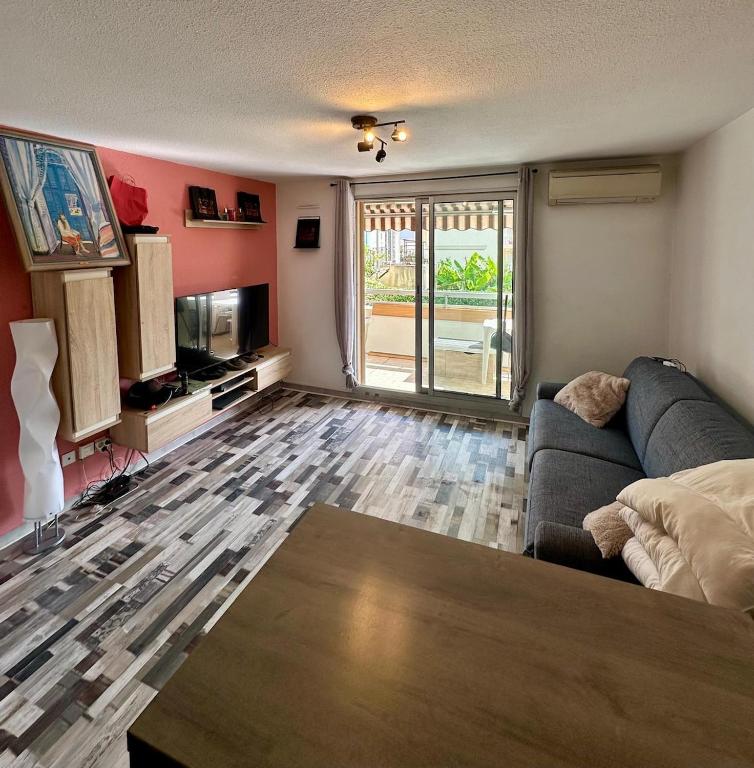 un salon avec un canapé et une télévision dans l'établissement Appartement à 6 minutes à pied de la mer, à Cagnes-sur-Mer