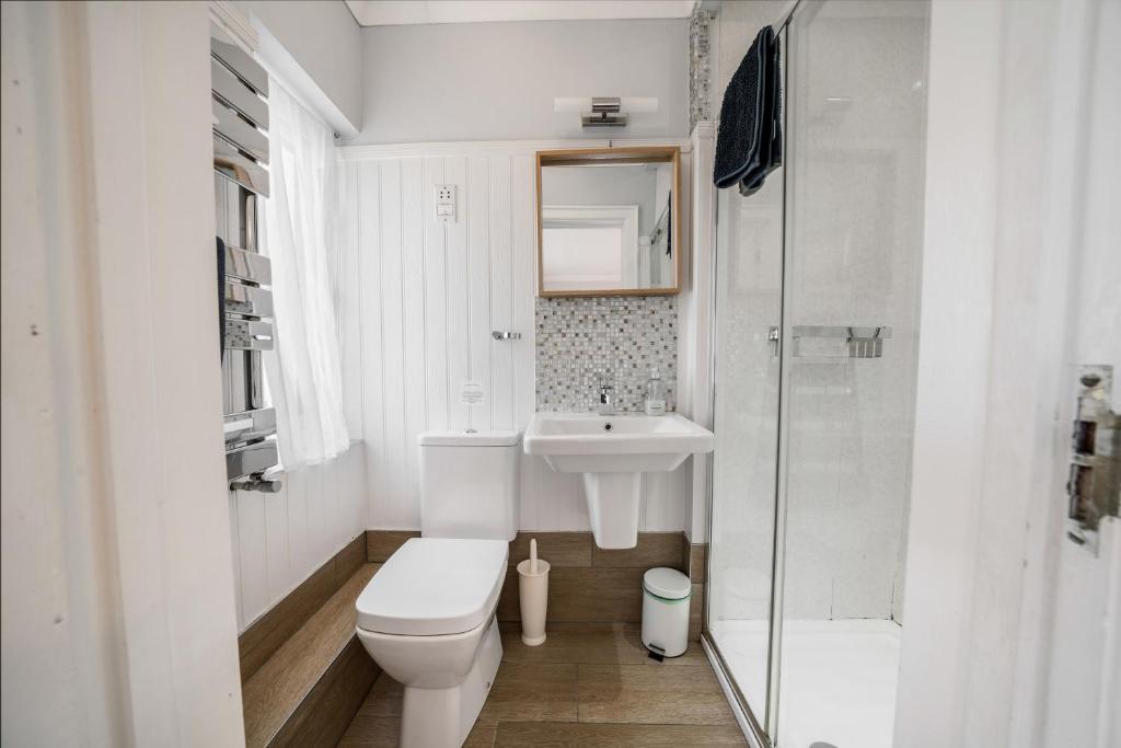 a bathroom with a toilet and a sink and a shower at Anvershiel House in Portrush