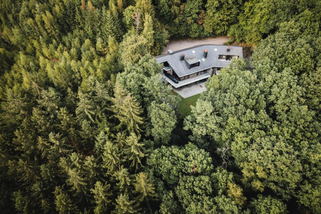 an aerial view of a house in the forest at L'Écrin de la Warche in Malmedy