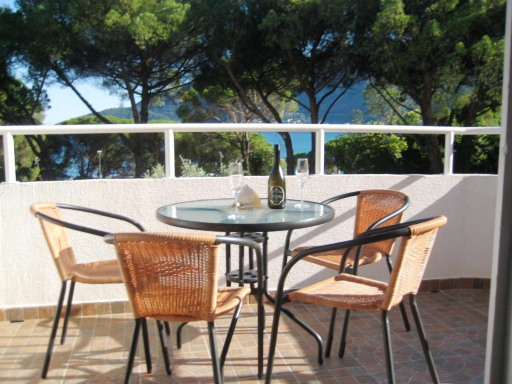 ein Glastisch und Stühle auf einer Terrasse in der Unterkunft Apartmani TOPLA - Zlokovic - apartman A3 i apartman A4 in Topla