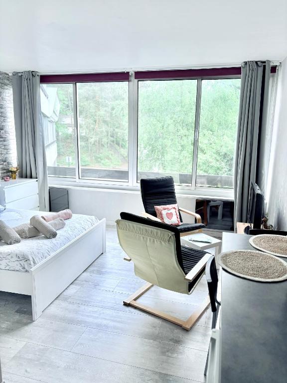 un salon avec un canapé et une chaise dans l'établissement Petit Nid Nature Et Douceurs, à Turckheim