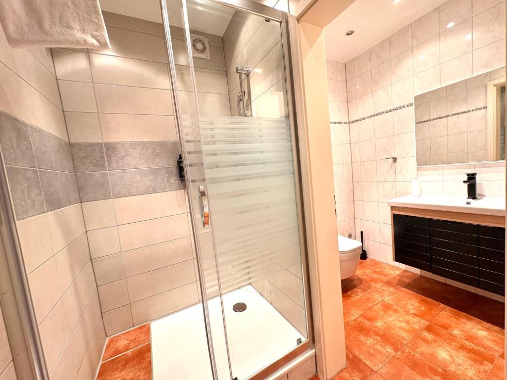 a shower in a bathroom with a toilet and a sink at Akomo Bern in Bern