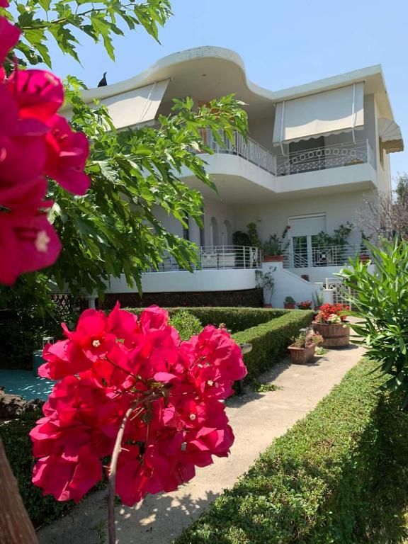 a house with pink flowers in front of it at Theros Seaside House - Volos in Marathos