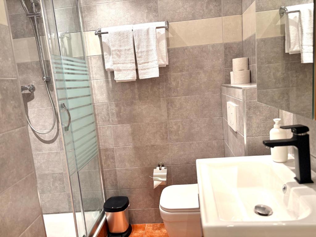 a bathroom with a shower and a toilet and a sink at Akomo Bern in Bern