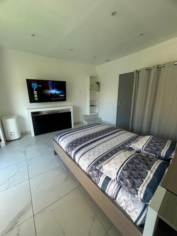 a bedroom with a bed and a flat screen tv at Studio en bas de villa in Arles