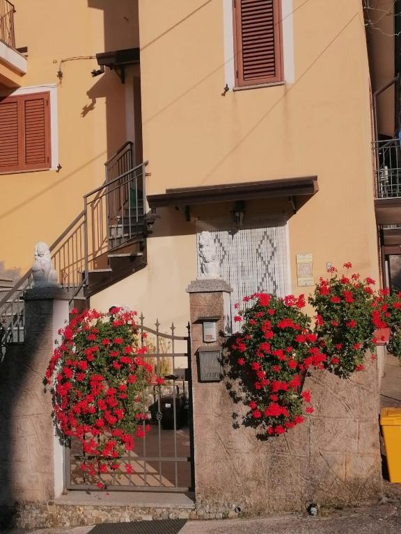 two baskets of red flowers on the side of a building at La casa di Pina in Latronico