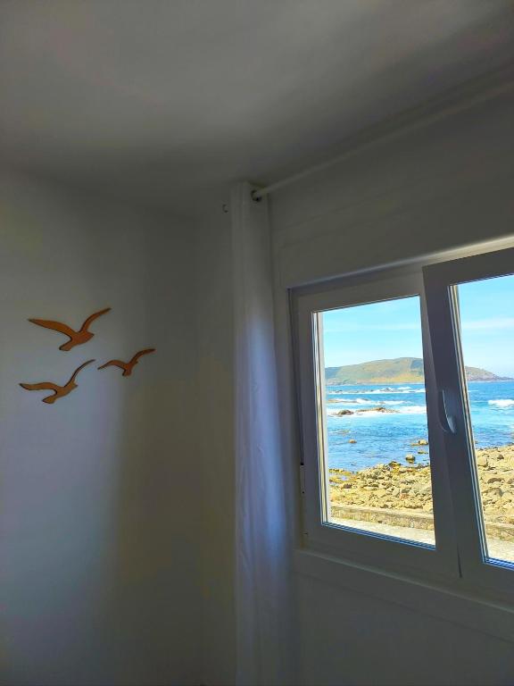 two birds on a wall next to a window at Apartamento Buserán in Muxia