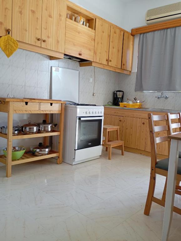 kuchnia z drewnianymi szafkami i piekarnikiem w obiekcie Green House w mieście Karistos