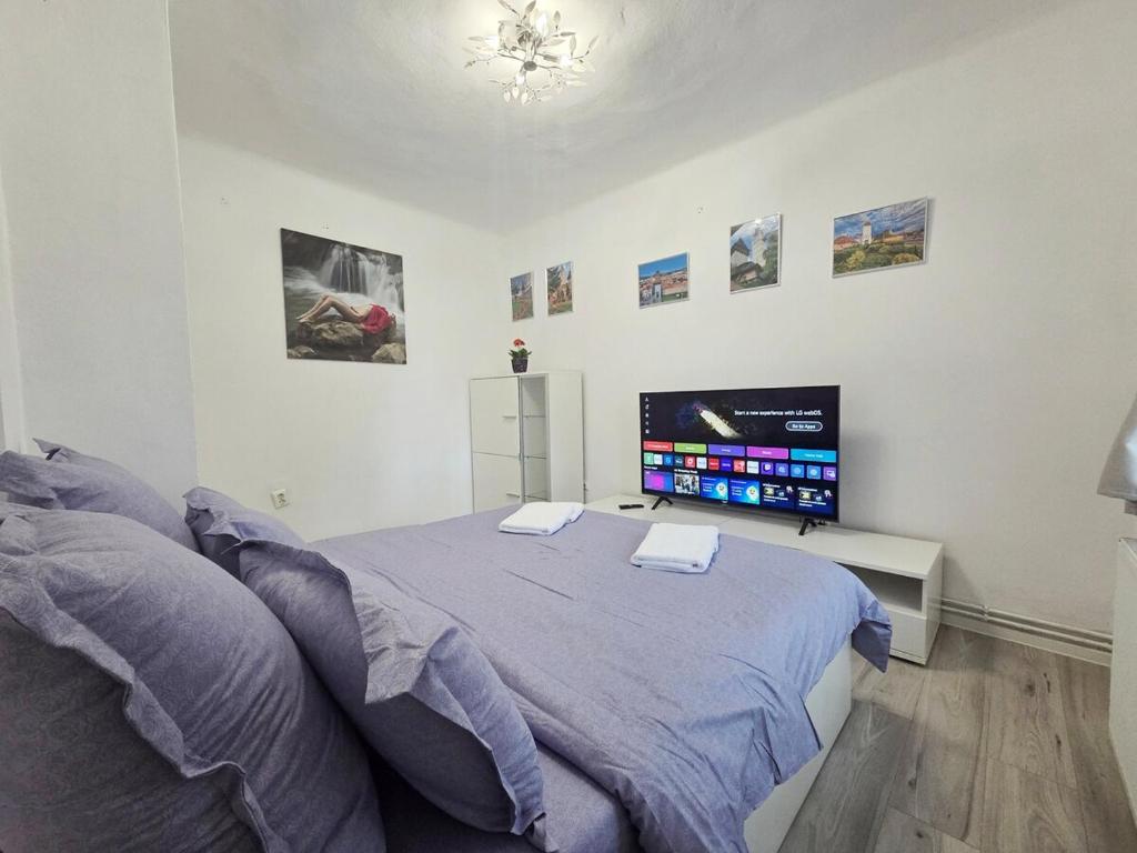 a bedroom with a bed and a flat screen tv at Teglas Apartment in Mediaş