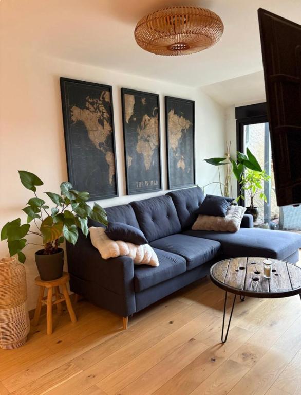 un salon avec un canapé bleu et une table dans l'établissement Maison chaleureuse, à Rabastens