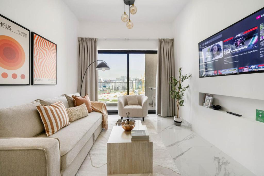 Istumisnurk majutusasutuses New 1BR with Full Balcony Gym Pool and Sauna