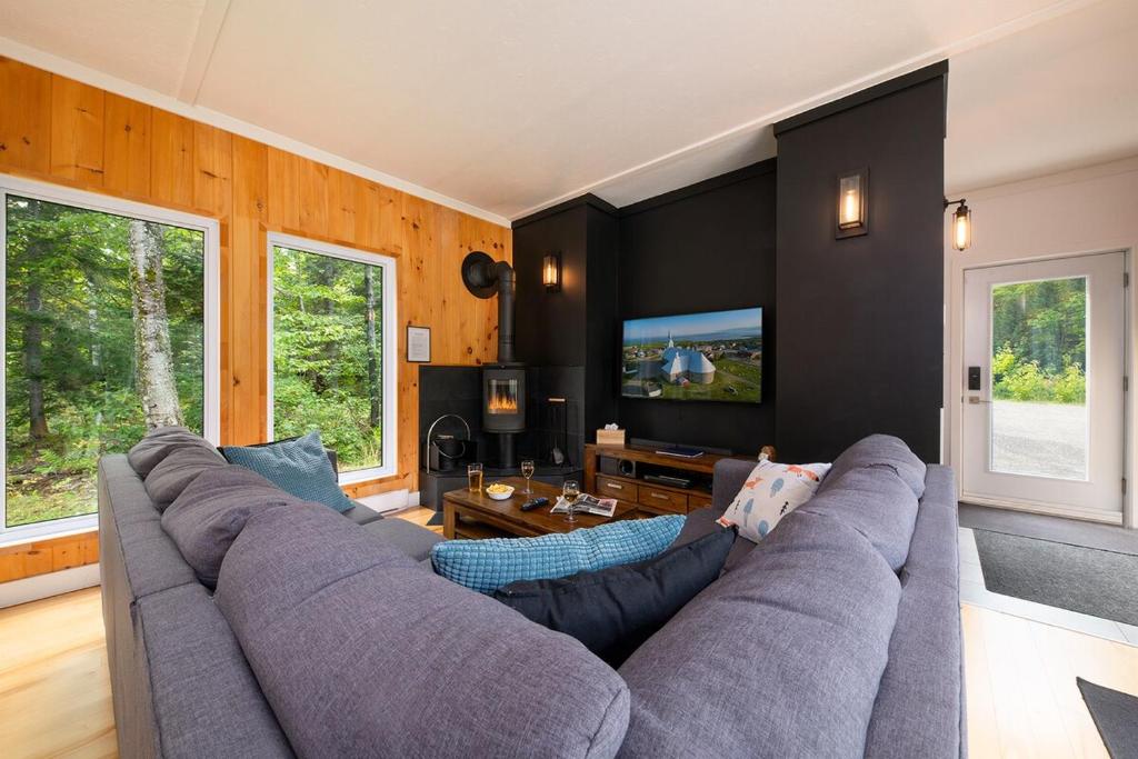 a living room with a couch and a tv at La Tanière du Massif in Petite-Rivière-Saint-François