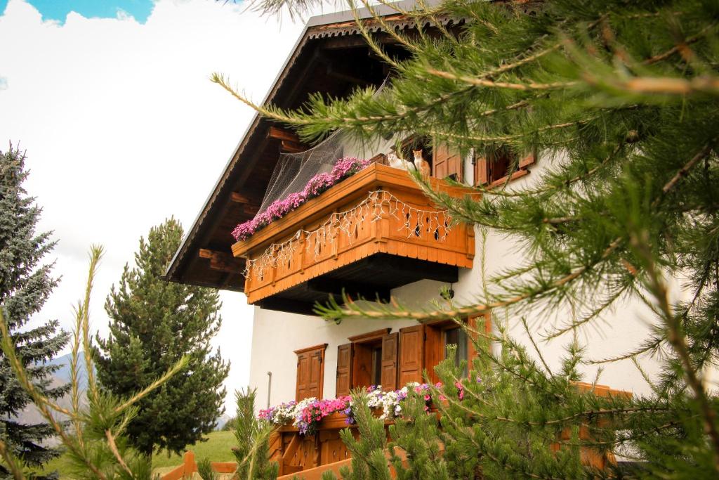 a building with a balcony with flowers on it at Piccolo Larice - Livigno in Livigno