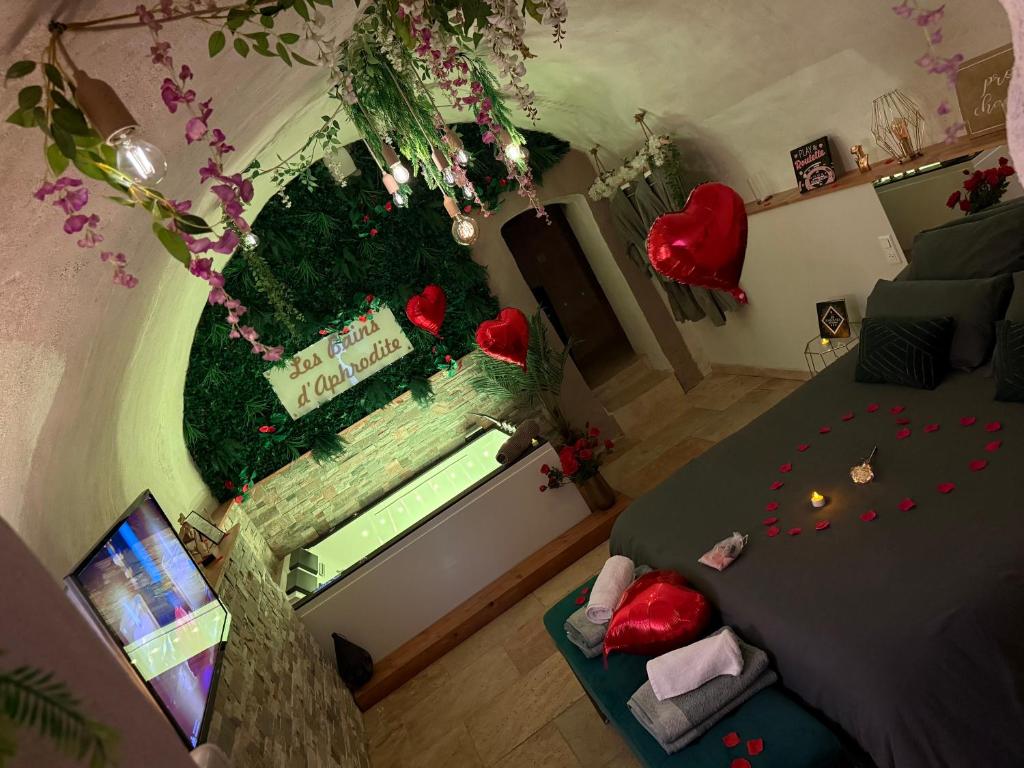 une vue aérienne d'une pièce avec un lit et des fleurs dans l'établissement Évasion duo, Suite Atypique privative, Hammam & Balnéo, à Auriol