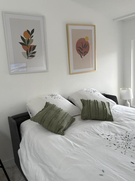 un lit blanc avec deux oreillers dessus dans l'établissement Studio le cocon aux portes de Lyon, à Neuville-sur-Saône