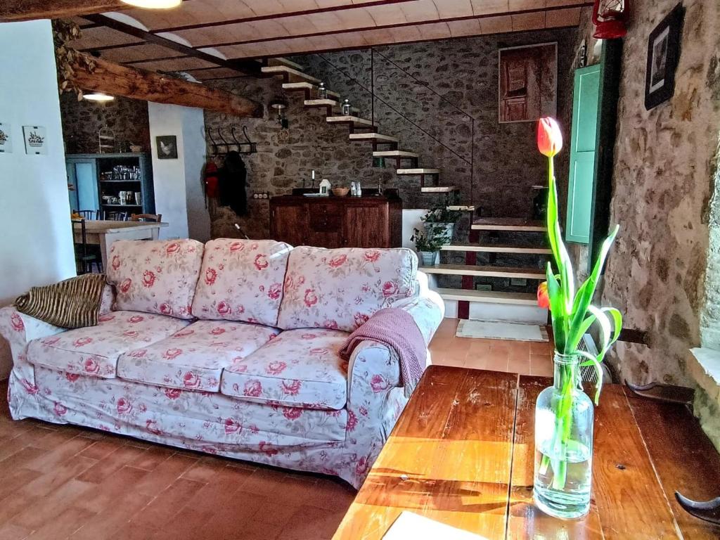 un soggiorno con un divano e un tavolo di Rustic Home in Mieres near Banyoles Lake a Mieres
