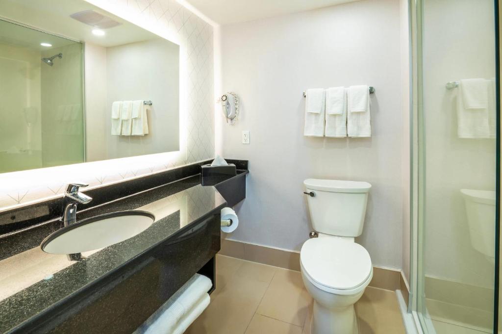 a bathroom with a toilet and a sink and a mirror at Comfort Inn & Conference Centre Toronto Airport in Toronto