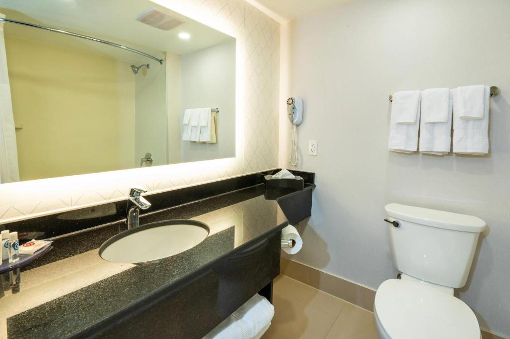 a bathroom with a sink and a toilet and a mirror at Comfort Inn & Conference Centre Toronto Airport in Toronto