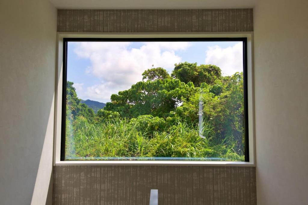 uitzicht op een bos vanuit een raam in een kamer bij JUNGLIA House in Biimata