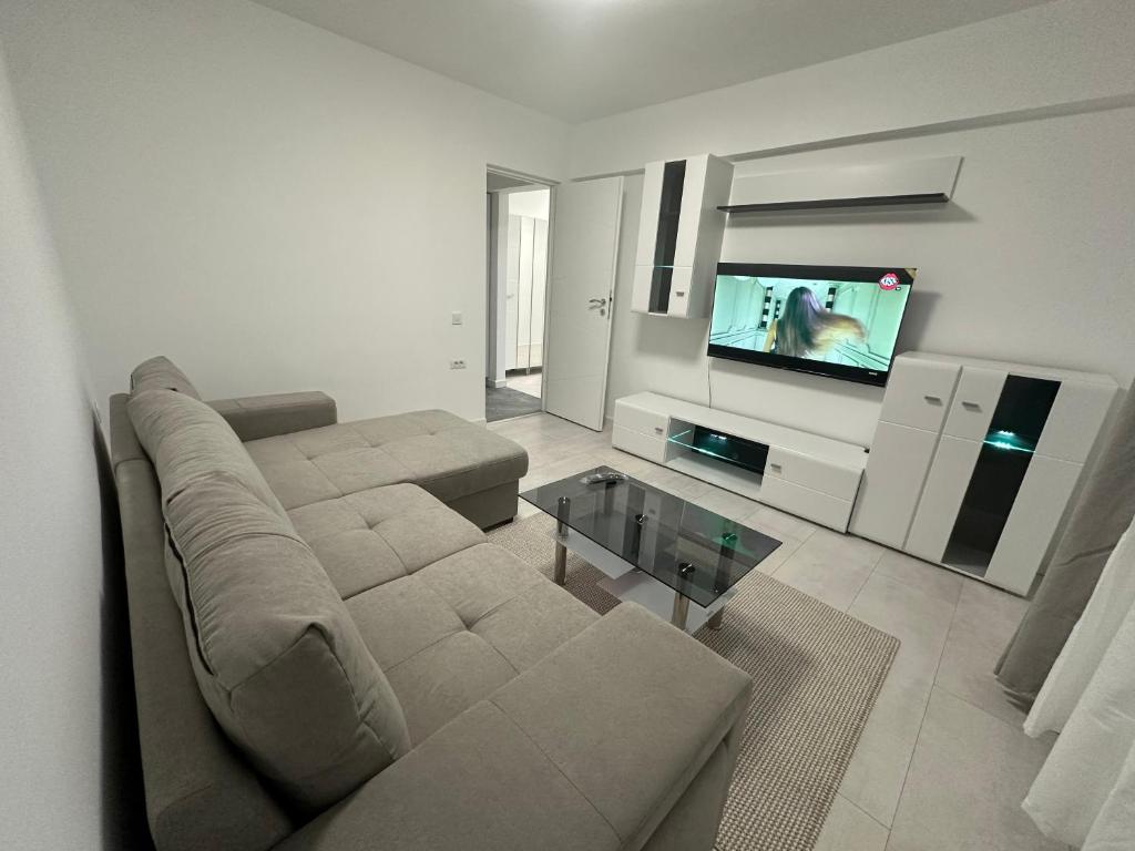 een woonkamer met een bank en een flatscreen-tv bij Apartament Ultra Central 4 in Hunedoara